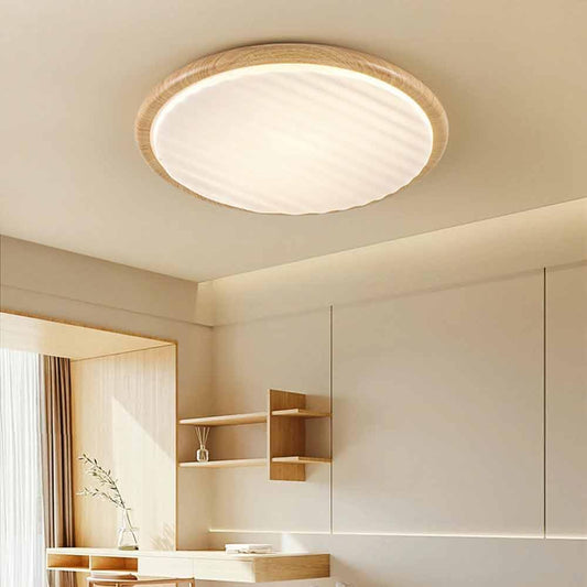 Round Wood Pleated LED Bedroom Ceiling Lamp