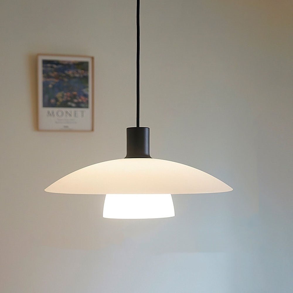 Minimalist pendant lamp made of white laminated glass 