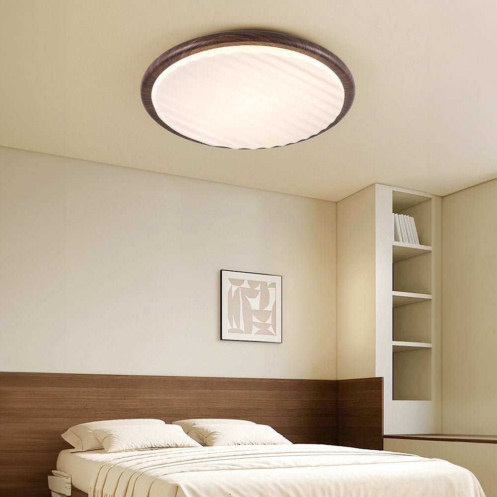 Round Wood Pleated LED Bedroom Ceiling Lamp