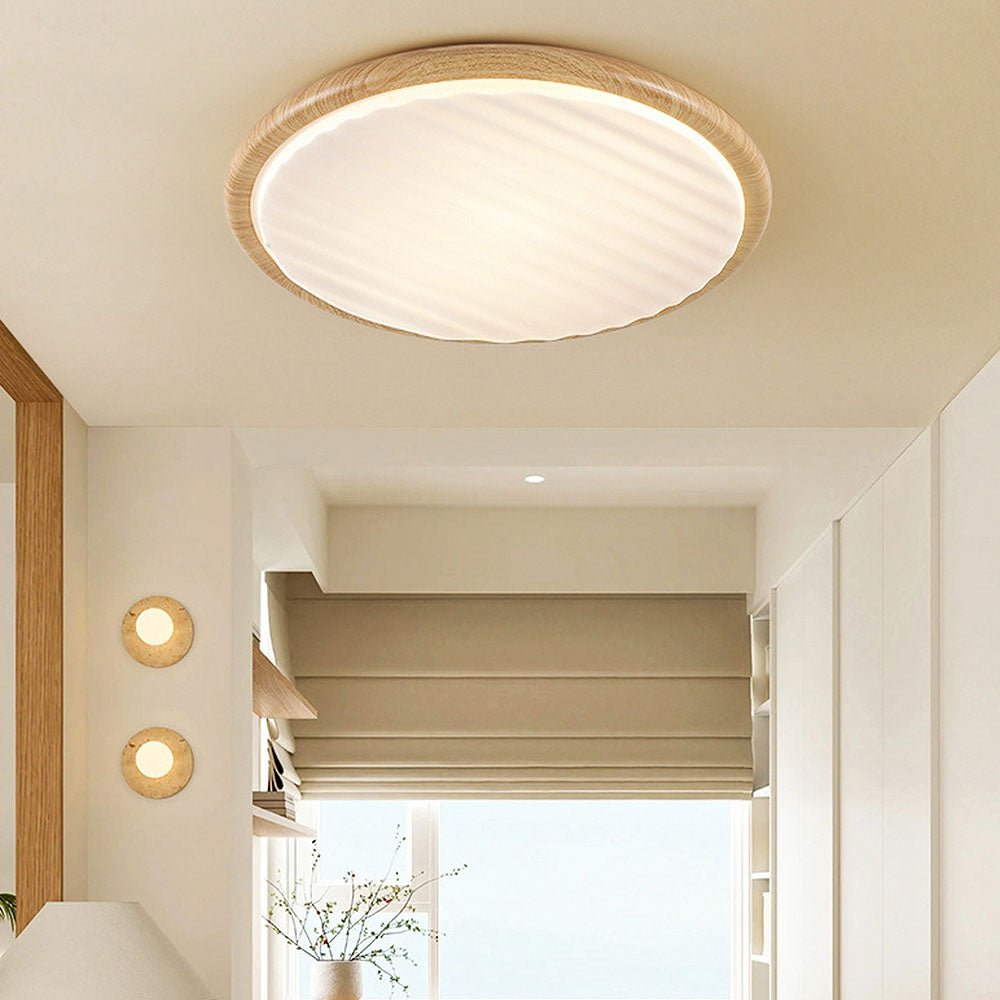 Round Wood Pleated LED Bedroom Ceiling Lamp