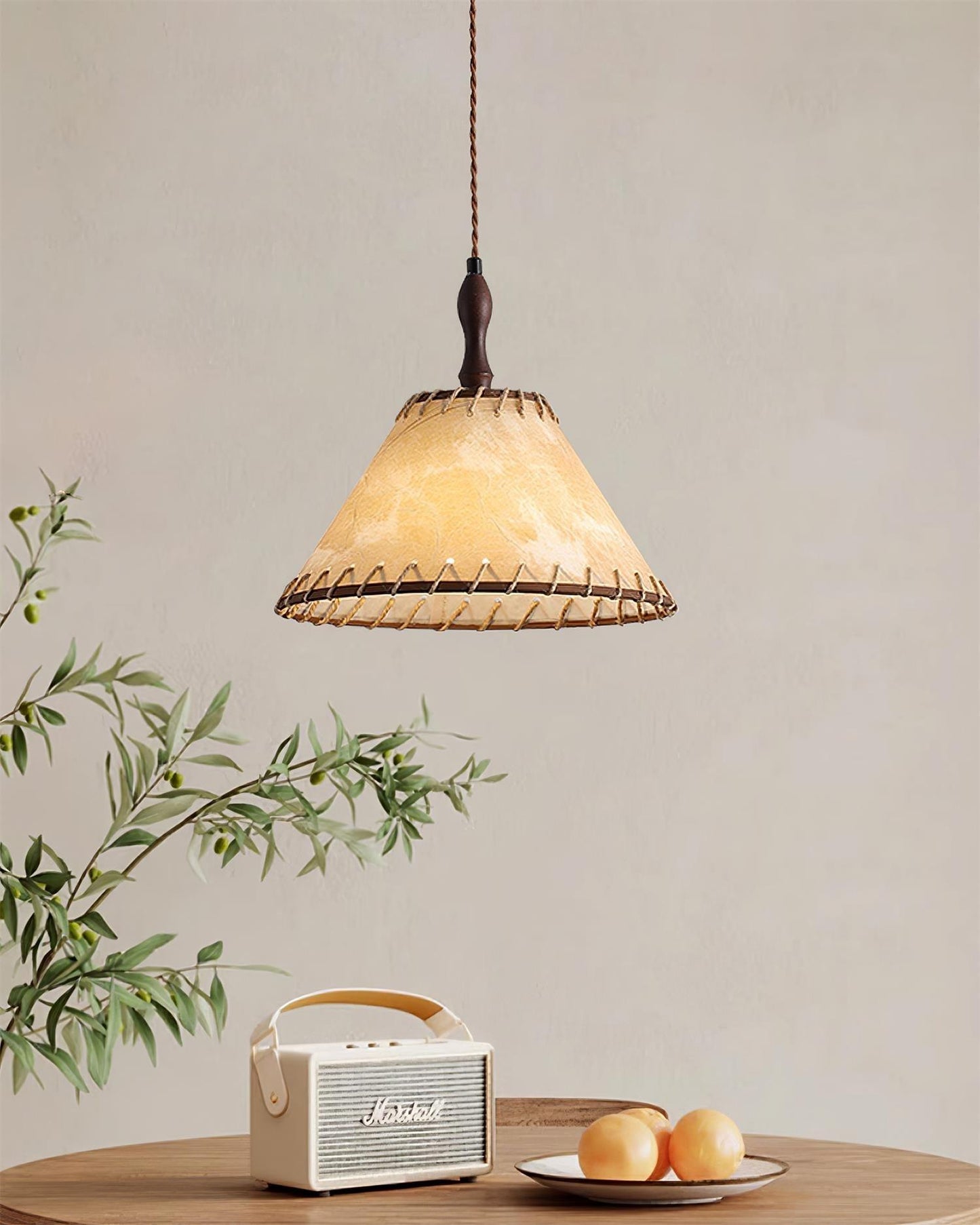 Pendant lamp with wood and fabric