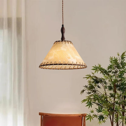 Pendant lamp with wood and fabric