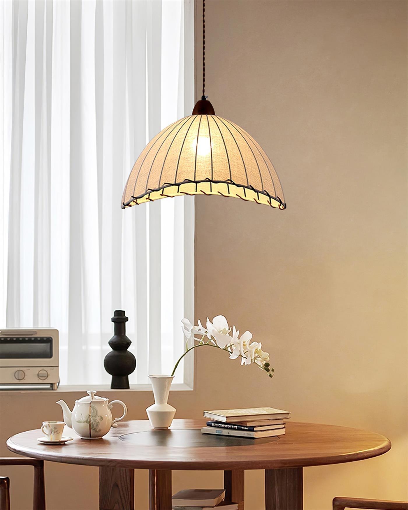 Pendant lamp with wood and fabric