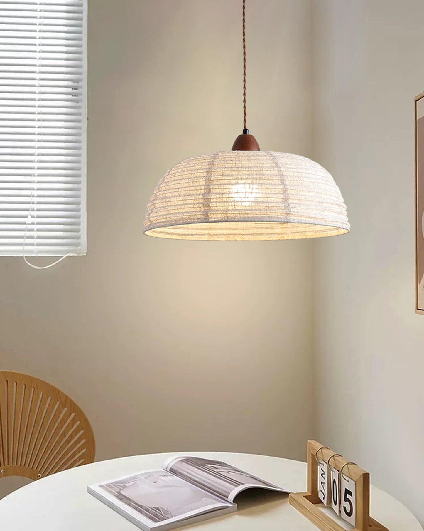 Pendant lamp with wood and fabric