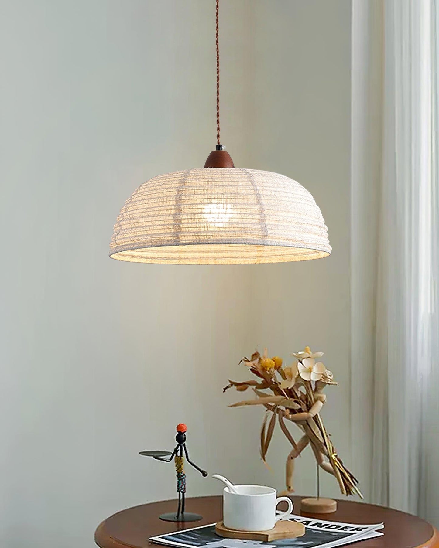 Pendant lamp with wood and fabric