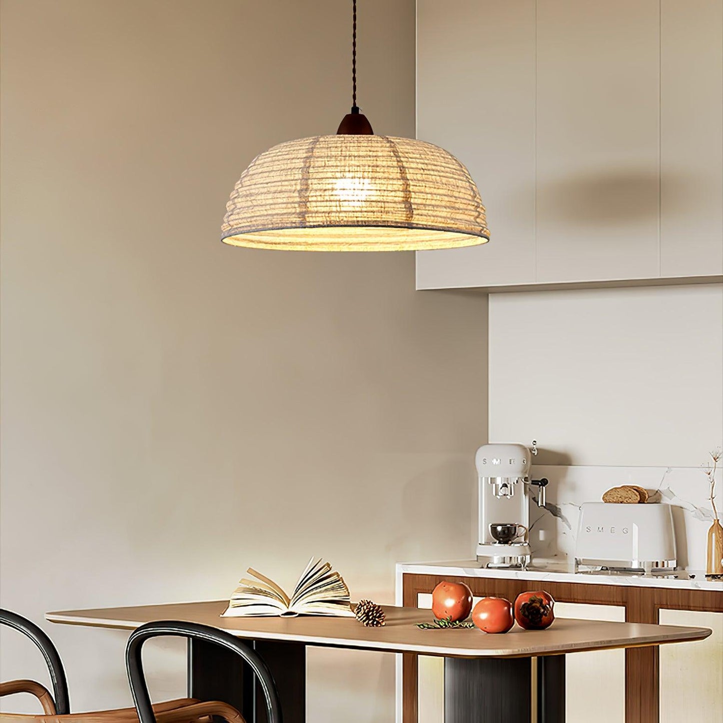 Pendant lamp with wood and fabric