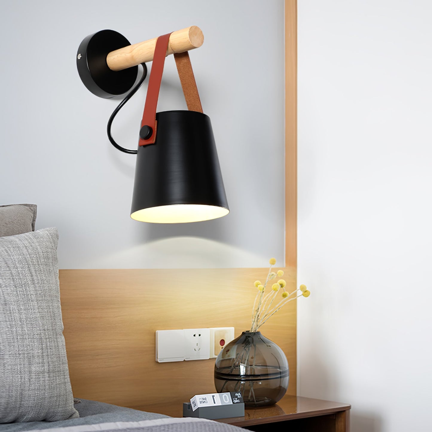 Conical wall lamp made of wood