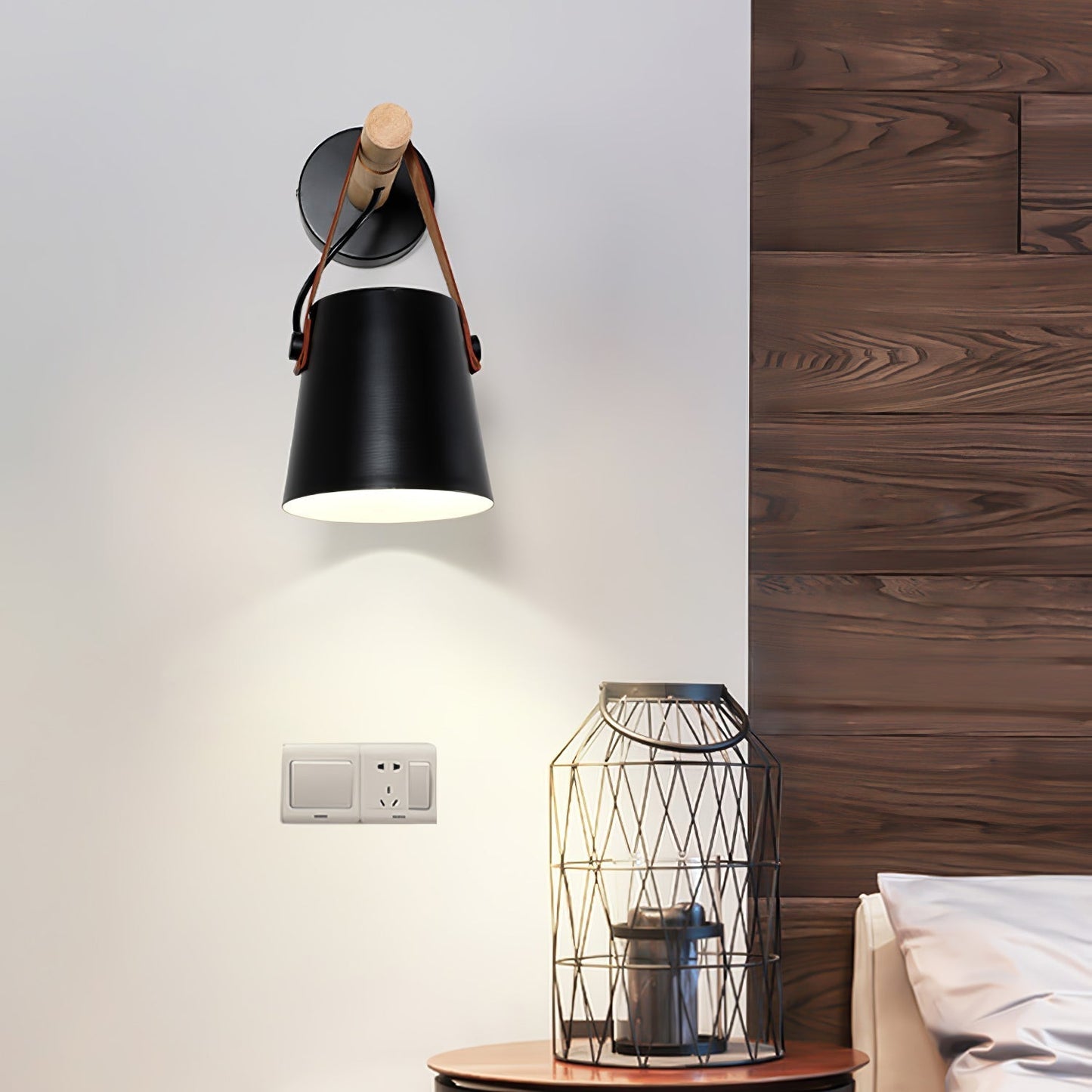 Conical wall lamp made of wood