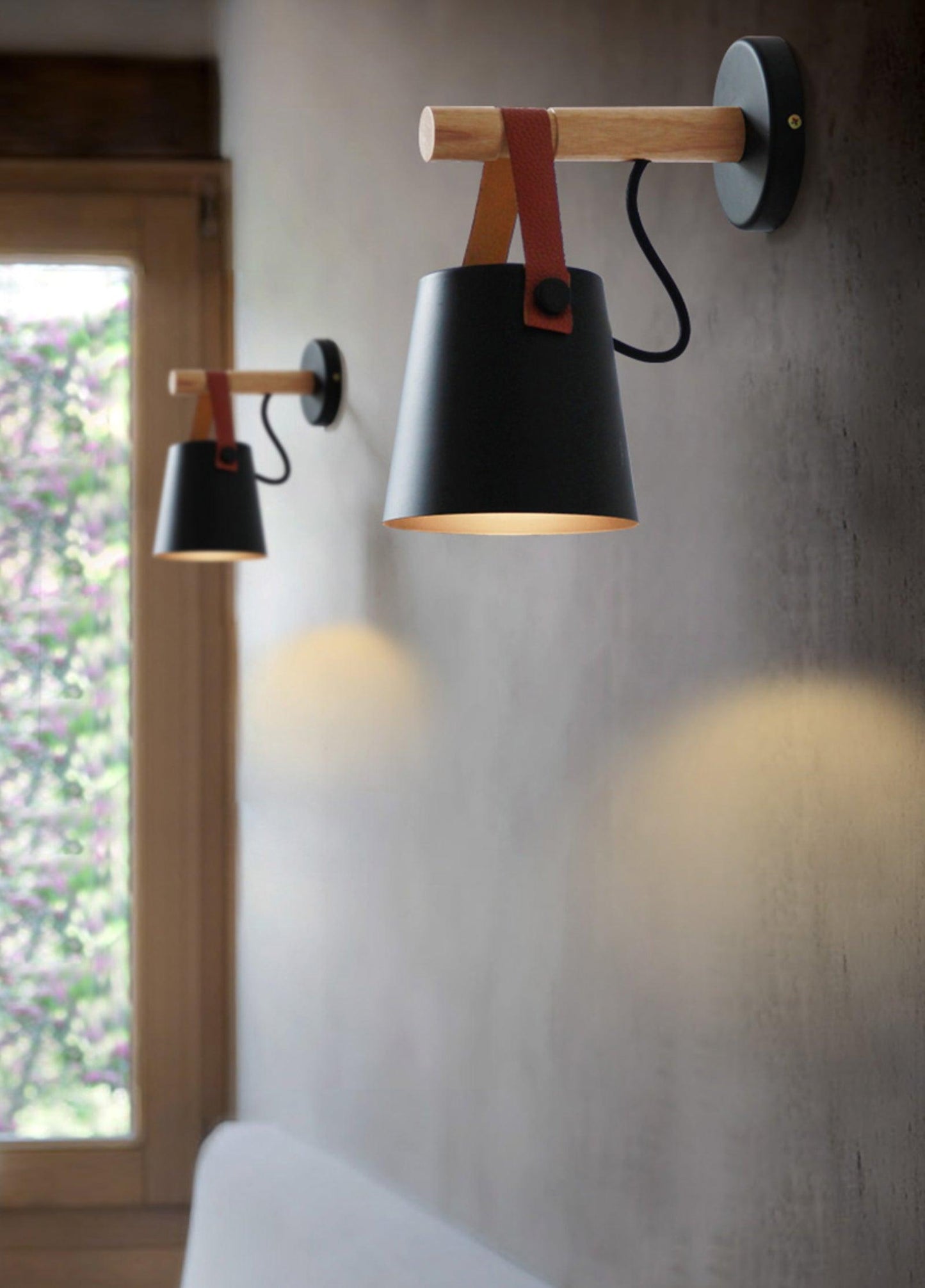 Conical wall lamp made of wood