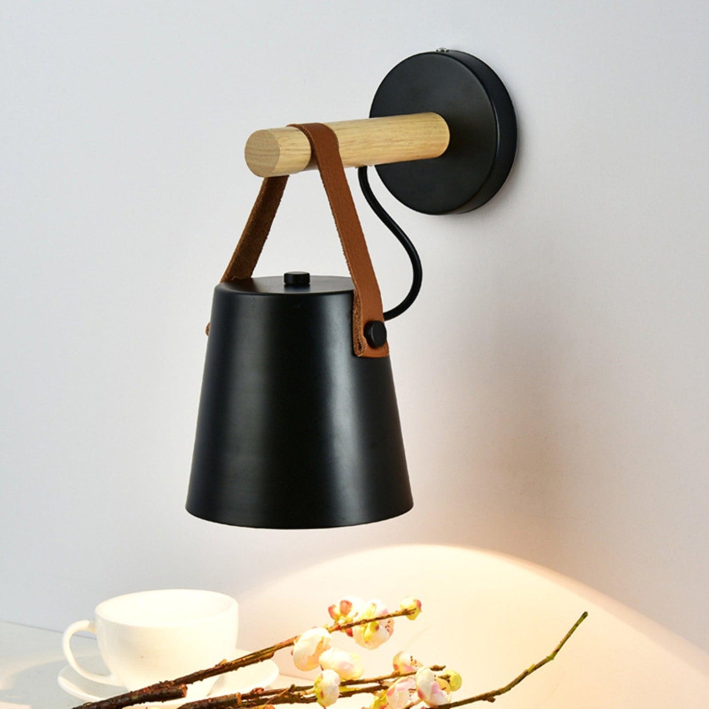 Conical wall lamp made of wood